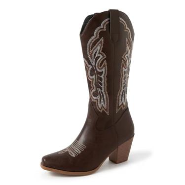 Imagem de BEAUDRM Botas femininas de cowboy ocidental, salto grosso, cano médio, cowgirl, roupa de concerto de rodeio, Marrom, 36
