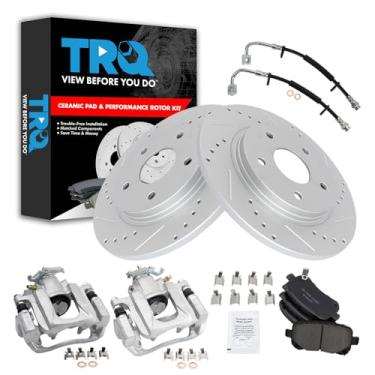 Imagem de TRQ Kit de pastilhas de freio e rotor de cerâmica de desempenho perfurado X compatível com Chrysler Town & Country Dodge Grand Caravan 2011-2012 Ram C/V Volkswagen Routan 2011-2012