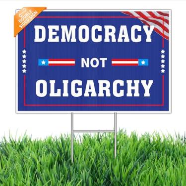 Imagem de Placa Democracy Not Oligarchy Yard 45,7 cm x 30,5 cm – Plástico corrugado à prova de intempéries dupla face com estaca H de metal – Placa de gramado Pro-Democracy/No Kings & Anti-Trump Rally (45,7 cm
