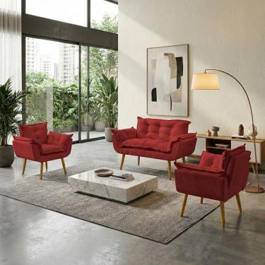 Imagem de Kit Namoradeira Decorativa E 2 Poltronas Confortável Para Sala Recepção Manicure Consultório Escritório Alice Tecido Suede
