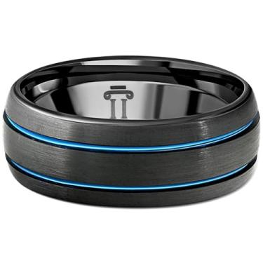 Imagem de P3 POMPEII3 Anel de tungstênio masculino preto e azul com duas linhas escovado aliança de casamento de 8 mm, Tungstênio, não conhecido