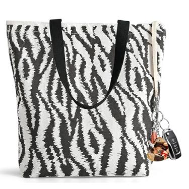 Imagem de OLSUNOR Bolsa de lona com zíper, bolsa de algodão reutilizável média para mulheres. Bolsa de ombro com zíper e estampa dupla face, bolso interno e alça larga para compras, viagens, aniversário