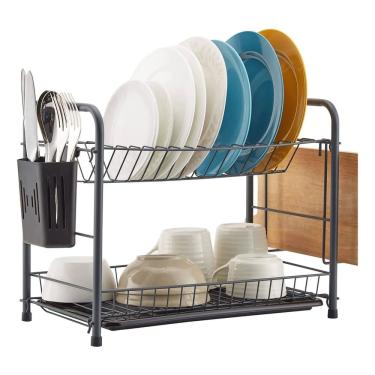 Imagem de Escorredor Louças Rack Dois Andares Inox Pratos Talheres Copos Premium Preto