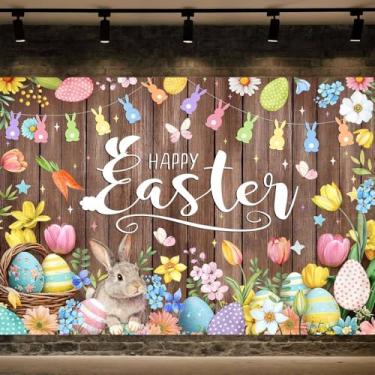 Imagem de Pano de fundo de Páscoa feliz 1,8 m x 1,2 m, primavera, coelhinho da Páscoa, ovo, coelho, fotografia, banner, parede de madeira, colorido, floral, grama, decoração de festa, adereços de cabine de