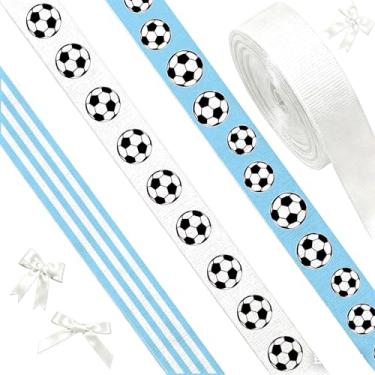 Imagem de JarThenaAMCS Fita de gorgorão de futebol de 0,20 cm fita de embrulho de tecido listrado branco azul para esportes faça você mesmo artesanato grinalda arco suprimentos para fabricação, 15 jardas