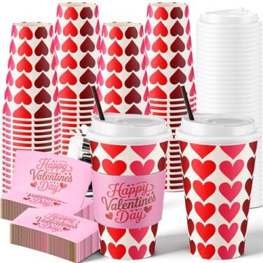 Imagem de Tanlade 50 conjuntos de copos de papel de café descartáveis para dia dos namorados com tampas e mangas, canudos de 473 ml para lembrancinhas de chá de cacau quente (vivid)