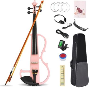 Imagem de VEDO Violino Elétrico, Conjunto de Violino Elétrico Silencioso 4/4, Violino de Madeira Maciça e Metal, com Acessórios em Ébano, Kit para Iniciantes Adultos e Adolescentes (Rosa)