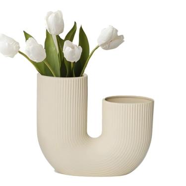 Imagem de 1 vaso de flores de cerâmica fosco redondo fosco para decoração de casa moderna, estética, para sala de estar, para mesa, estante, cornija e decoração de casa de entrada (bege, P)