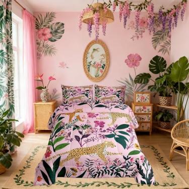 Imagem de Jogo de cama solteiro para meninas, leopardo, animal, floral, boêmio, botânico, planta, flores, folhas, meninas, adolescentes, rosa, laranja, verde, decoração de quarto para todas as estações, 1