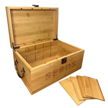 Imagem de Nimpro Caixa organizadora de sementes de bambu para jardim, caixa de sementes de madeira com divisórias removíveis, alça e trava de metal, organizador de sementes para pacotes de sementes de jardim e