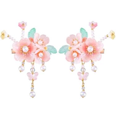 Imagem de Um par de grampos de cabelo de casamento, presilhas de cabelo de cristal feitas à mão com design floral, presilhas de pérolas, clipes de flores de strass, acessórios de cabelo para mulheres e meninas