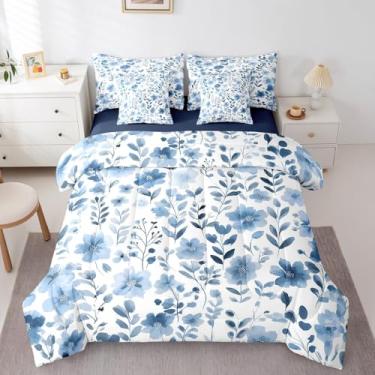 Imagem de Erosebridal Conjunto de edredom solteiro floral azul e branco com lençóis, vintage, azul marinho, 7 peças, para crianças, meninas, botânicas, folhas, flores, lençol com elástico + lençol de cima