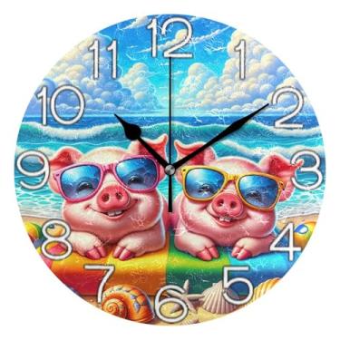 Imagem de GAIGEO Relógio de parede analógico decorativo sala de aula relógio de escritório estético silencioso sem tique-taque, decoração de parede moderna desenho animado mar de porco, 25 cm, ponteiros pretos