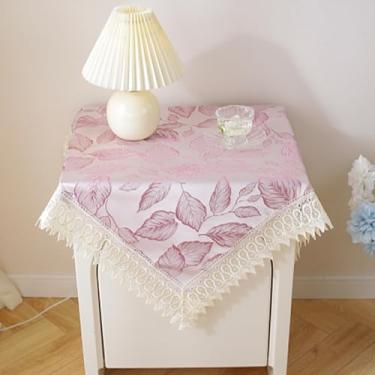 Imagem de Toalha de mesa de cabeceira quadrada pequena bordada floral capa de mesa de cabeceira pano rústico toalha de mesa lateral de fazenda com acabamento de renda para quarto, cômoda, festa, cozinha