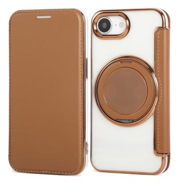 Imagem de Capa carteira para iPhone 16e com 3 compartimentos para cartão, bloqueio RFID, suporte de anel giratório de 360° e compatibilidade magnética, capa traseira transparente à prova de choque, suporta