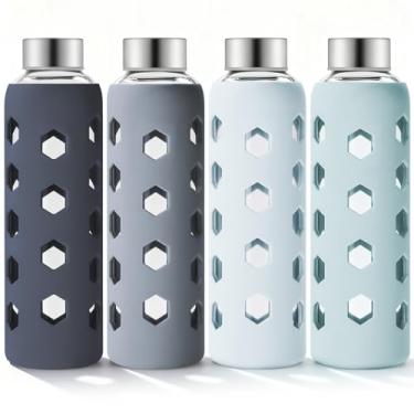 Imagem de Mrsdry Garrafas de suco de vidro com tampas e mangas de silicone 510 g, pacote com 4 garrafas de água de vidro transparente reutilizáveis com tampa hermética de aço inoxidável para sucos, geladeira