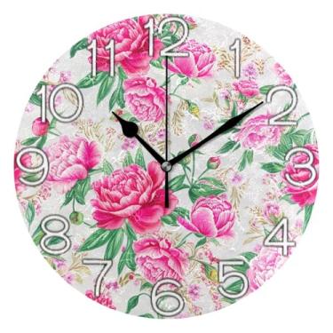 Imagem de Relógio de parede analógico decorativo relógio de cozinha bonito estético silencioso sem tique-taque, arte de parede moderna legal decoração de casa floral rosa peônias bege, 25 cm, ponteiros pretos