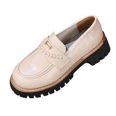 Imagem de Mocassins femininos brilhantes de bico redondo estilo britânico com fivela de metal moderno casual versátil, Branco, 36