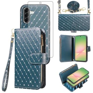 Imagem de Asuwish Capa de celular para Samsung Galaxy A56 5G carteira com zíper destacável capa de celular magnética com protetor de tela alça transversal alça com glitter compartimentos para cartão A 56 56A