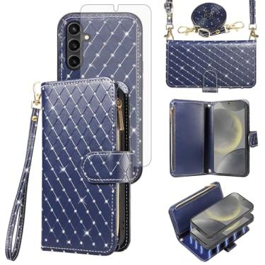 Imagem de Capa carteira compatível com Samsung Galaxy S24 5G com zíper removível protetor de tela celular alça transversal com glitter flip porta-cartão slot capa de telefone para P 24 24 mulheres meninas azul