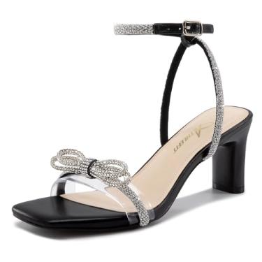 Imagem de Athlefit Sandálias femininas de salto com laço de strass transparente, bico quadrado, salto bloco, fivela e salto para festa de casamento, Preto, 40