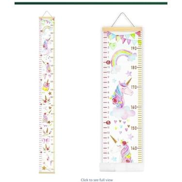 Imagem de Régua de gráfico de altura de crescimento para decoração de parede, tela impermeável com moldura de madeira, berçário temático de animais e decoração de quarto infantil - 20 x 200 cm (unicórnio)
