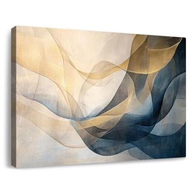 Imagem de gaosoul Arte de parede abstrata em tela azul dourada pintura a óleo original impressão giclée de curvas dinâmicas tons de champanhe azul claro com pinceladas texturizadas para decoração de escritório