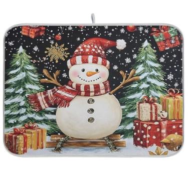 Imagem de Tapete de secagem de pratos de Natal, boneco de neve, chapéu, pinheiro, verde, pássaro, tapete de escorredor de pratos de Natal para balcão de cozinha, tapete de secagem de 45,7 x 61 cm, tapete de