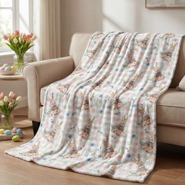 Imagem de Horaldaily Manta de flanela de Páscoa, ovos de Páscoa, xadrez, coelho, coelho, flores, folhas, felpudo, macio, felpudo, aconchegante, cobertores de lã para sofá, cama, presente ideal para crianças e