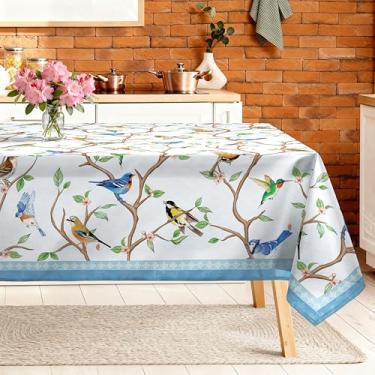 Imagem de Arquiel Toalha de mesa retangular para ramo de pássaro, lavável na máquina, primavera, verão, 140 x 178 cm, capa de mesa azul de poliéster para cozinha, jantar, festa, decoração ao ar livre