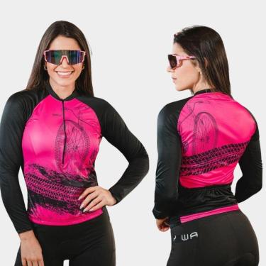 Imagem de Conjunto de Ciclismo Feminino Camisa Protecao Uv Bike Roda Rosa PRO Manga Longa e Calca Gel-Feminino