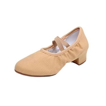 Imagem de Sapatos femininos de dança latina com sola de borracha para prática de dança adulto plus size outono inverno moderno salto médio, Bege, 36