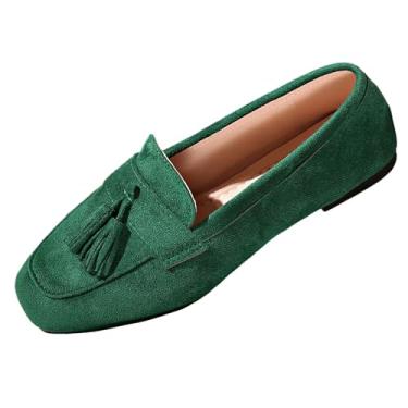 Imagem de Mocassins femininos de bico quadrado com borla, estilo britânico, casual, moderno, tênis, Verde, 38