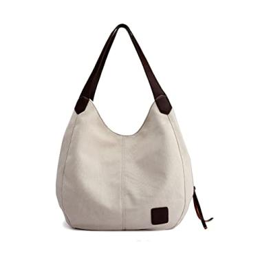 Imagem de SO Bolsa de ombro feminina Hobo de lona, bolsa feminina vintage com alça superior, Off-white, Large