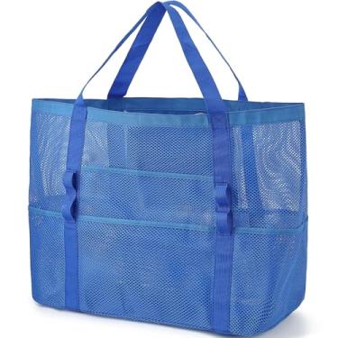 Imagem de GYEUKHAM Bolsa de praia de malha - Bolsa grande de praia com vários bolsos para a família, bolsa de praia para brinquedos e itens essenciais de férias, Azul
