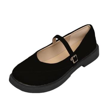 Imagem de Mocassins femininos modernos, casuais, com fivela sólida, bico redondo, salto médio, camurça flocada, Preto, 35