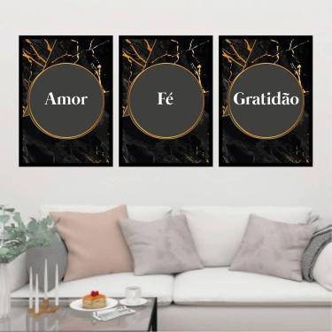 Imagem de Kit 3 Quadros Amor, Fé, Gratidão - Preto E Dourado 60X40Cm