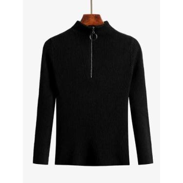 Imagem de Suéter Feminino Vintage De Tricô Com Zíper, Manga Longa, Gola Alta, Ca