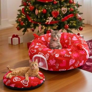 Imagem de Dansydaisy Cama de túnel para gatos em ambientes internos, cães, laço rosa, pelúcia fofa, caverna dobrável com almofada lavável e bolas penduradas para filhotes pequenos, médios e grandes, gatinhos e