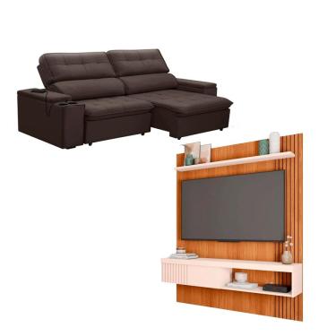 Imagem de Kit Sofa Ferguile Genebra 3 Lugares Retratil com USB e Painel TV 55 Esmeralda Caemmun