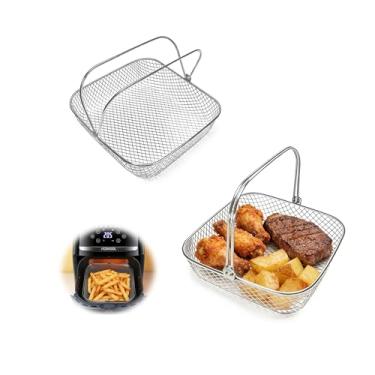 Imagem de Cesta de fritadeira a ar de 20 cm, rack de malha quadrada de 8 litros com alças, cesta de substituição para fritadeira a ar de aço inoxidável 304 para cozinhar crocante, assar, fritar (quadrado