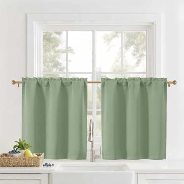 Imagem de OVZME Cortinas de cozinha 76 cm de comprimento - Cortinas de janela pequenas com filtragem de luz camadas para cozinha sobre pia, tratamentos de meia janela, cortinas curtas, verde claro, 2 painéis