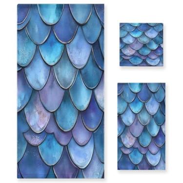 Imagem de xigua Conjunto de toalhas de banheiro com escamas de sereia em aquarela absorvente macio 3 peças toalha de banho toalha de mão toalhas decorativas para banheiro, academia, hotel, praia, piscina
