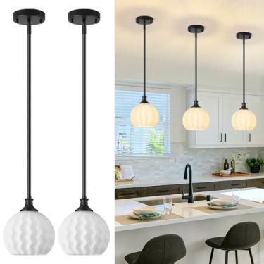 Imagem de Karjearl Luzes pendentes de vidro de leite, ilha de cozinha, pacote com 2, luminárias pendentes pretas de 18,5 cm com hastes, iluminação suspensa em globo para pia de cozinha, banheiro, sala de jantar