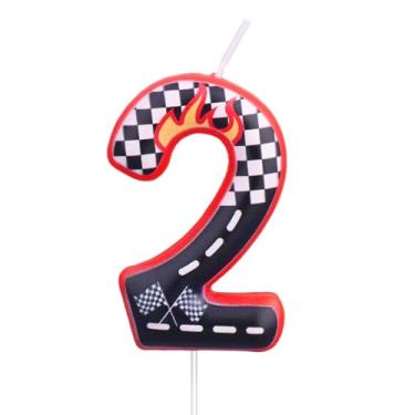 Imagem de Vela Aniversário com Tema Carros Corrida, Topo Bolo Xadrez Preto Branco e Vermelho Decoração Festa com Tema Carro Aniversário (Número 2)