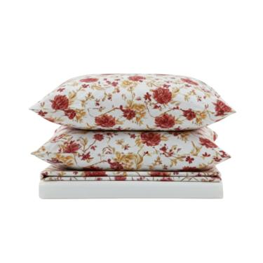 Imagem de Jogo de Lençol Bella Casal 4 Peças Percal 200 Fios Estampado Floral - Vermelho - 100% Poliéster