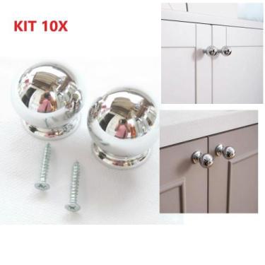 Imagem de Kit 10 Puxador Moveis Redondo Prata Luxo Gaveta Armario Ponto Bola Fur