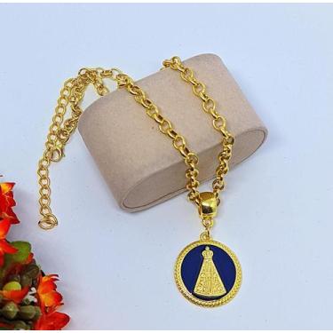 Imagem de Colar Religioso Feminino Corrente Elos Português com Pingente Medalha 