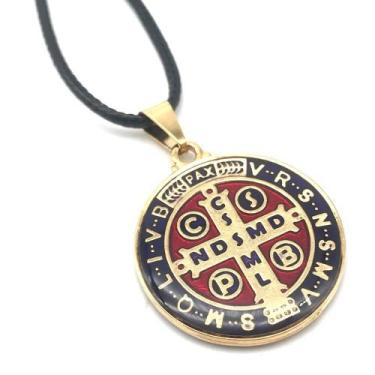 Imagem de Colar Cordão Pingente Medalha São Bento Colorida Dourado - FORNECEDOR 