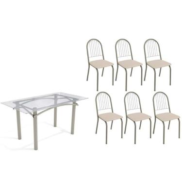 Imagem de Conjunto: Mesa Sala Jantar Elba C- Tampo De Vidro 150cm E 6 Cadeiras Noruega Niquel - Courano Bege - Kappesberg